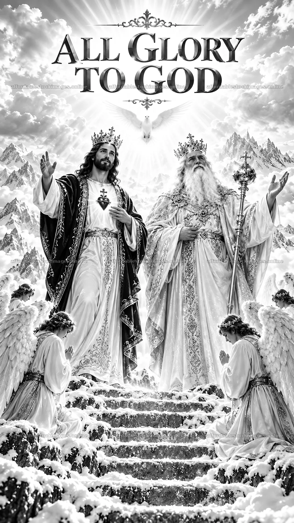 Jesus Christ and God the Father surrounded by angels in heaven – stock images 5811x10326