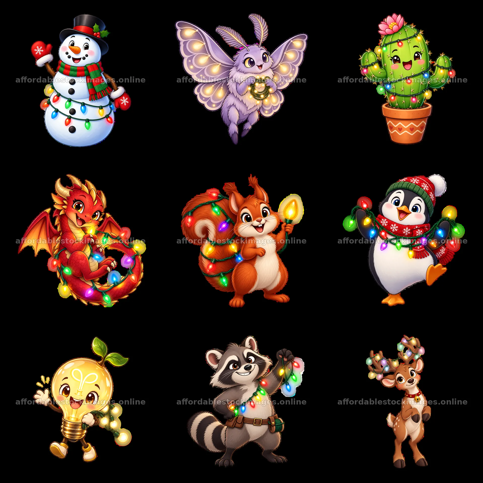 Cute cartoon characters with string lights in a 3x3 layout – stock images 7746x7746