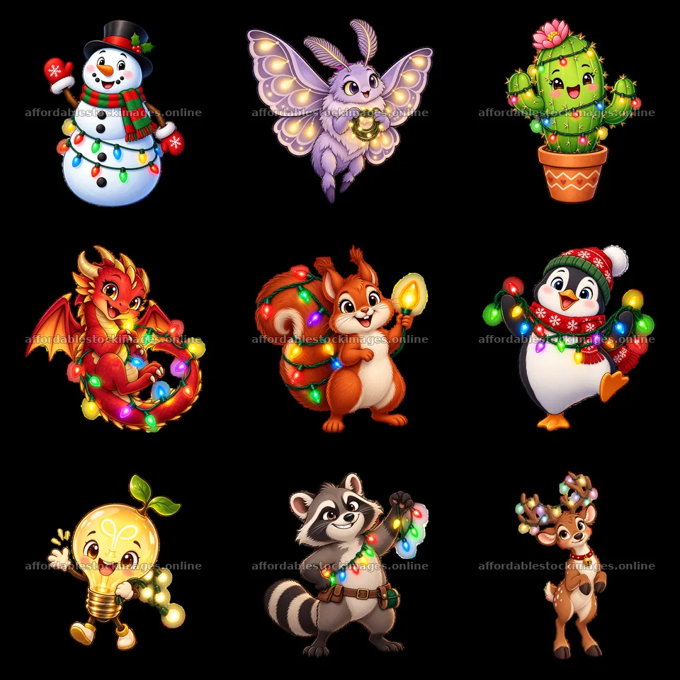 Cute cartoon characters with string lights in a 3x3 layout – stock images 7746x7746