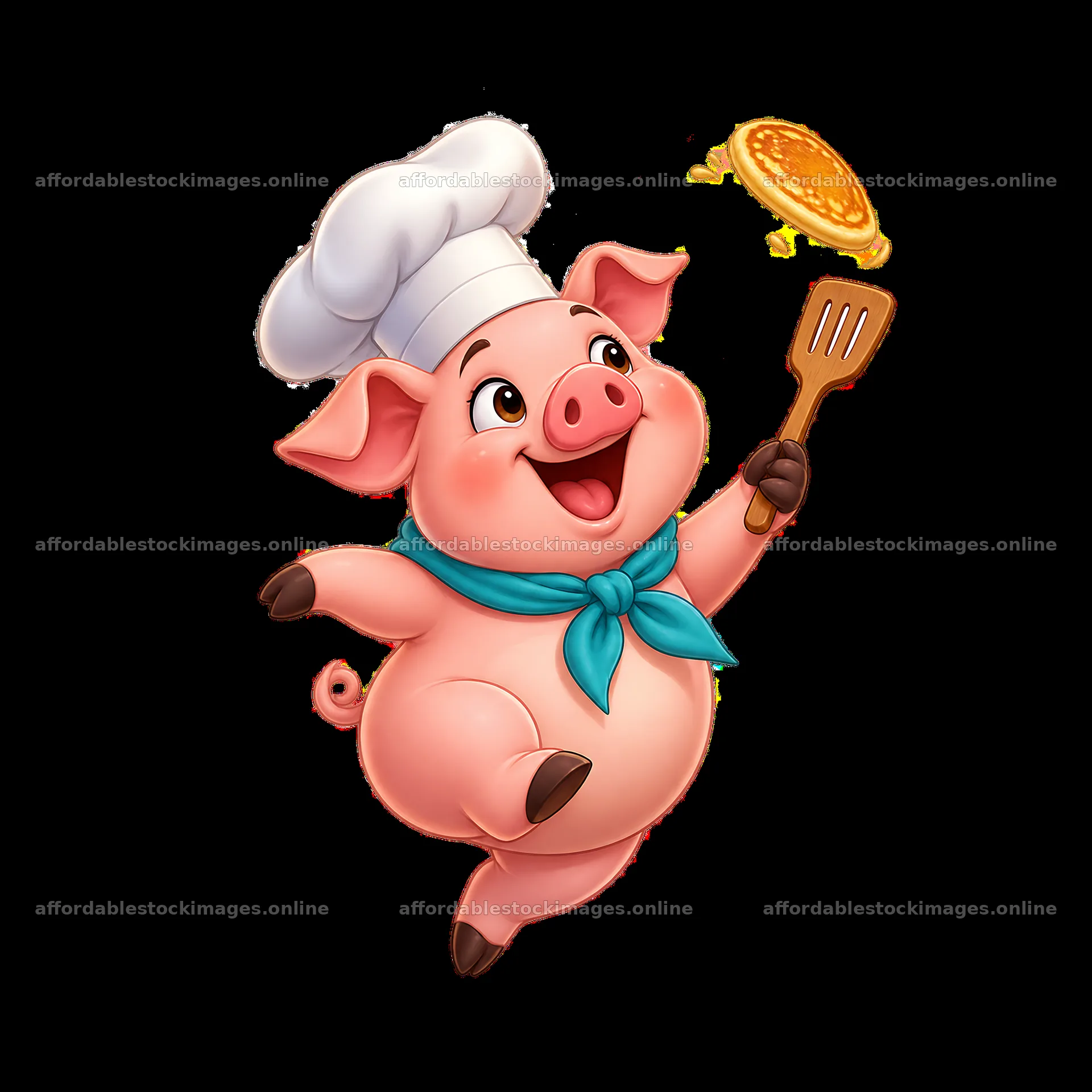 Cheerful pig chef tossing a pancake in the kitchen – stock images 7746x7746