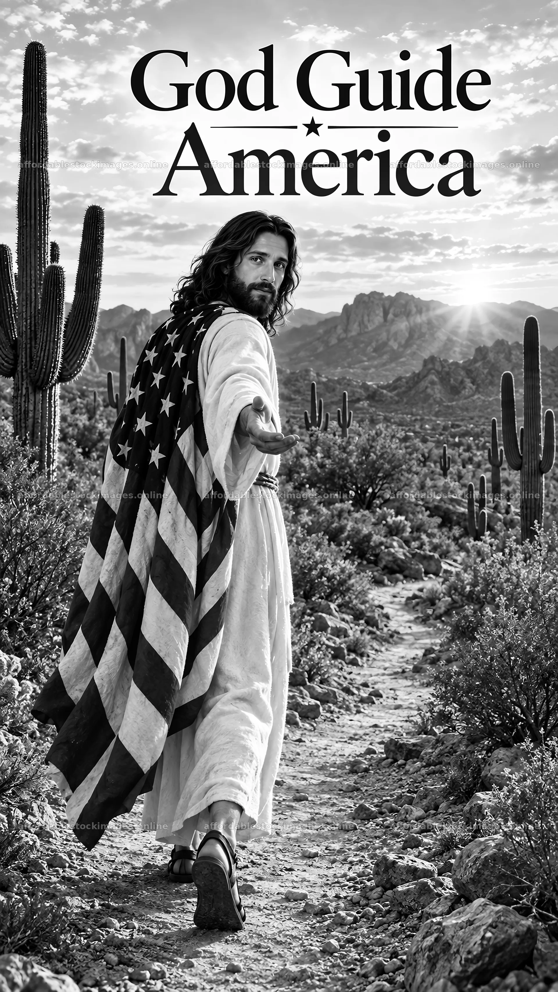 Jesus Christ guiding in a desert landscape with an American flag – stock images 5811x10326