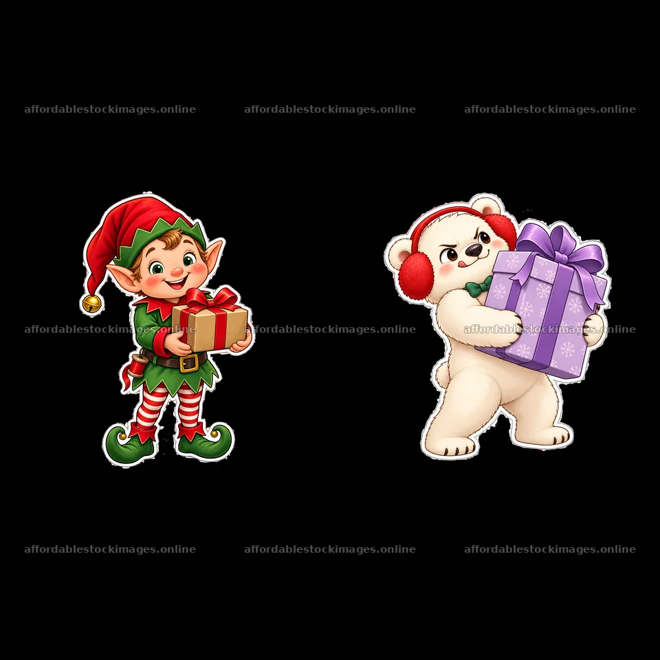Elf and polar bear carrying Christmas gifts together – stock images 7746x7746
