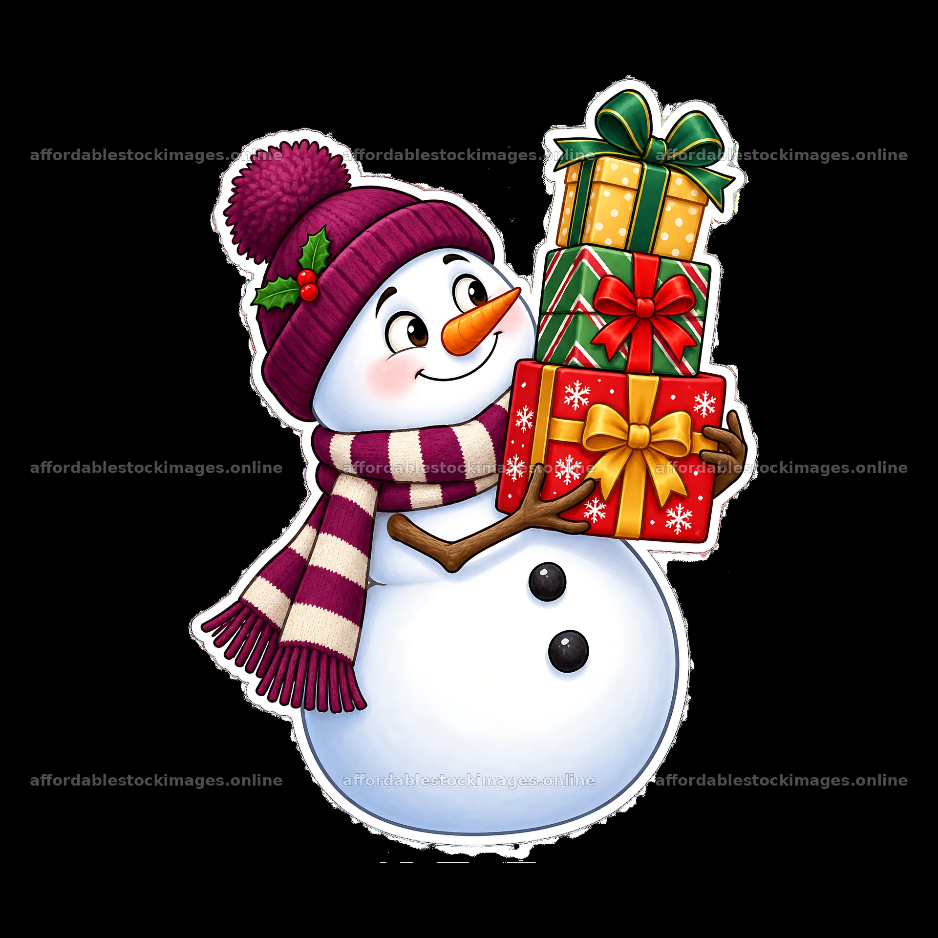Snowman holding stacked Christmas presents with colorful – stock images 7746x7746