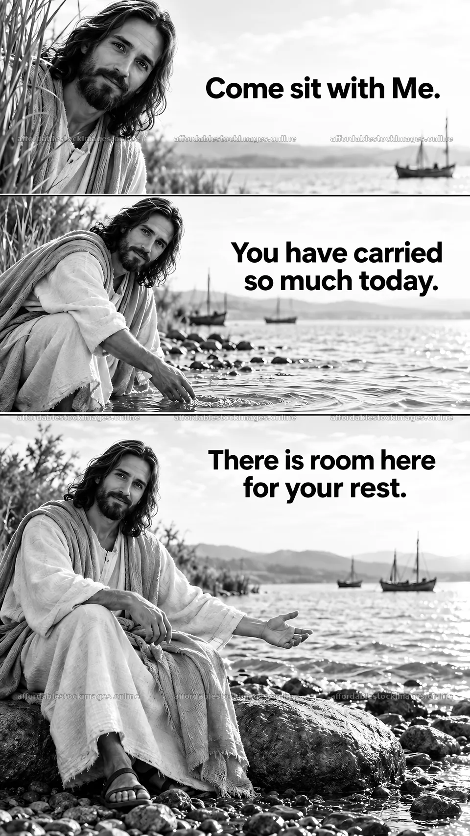 Jesus Christ inviting rest by the water – stock images 5811x10326