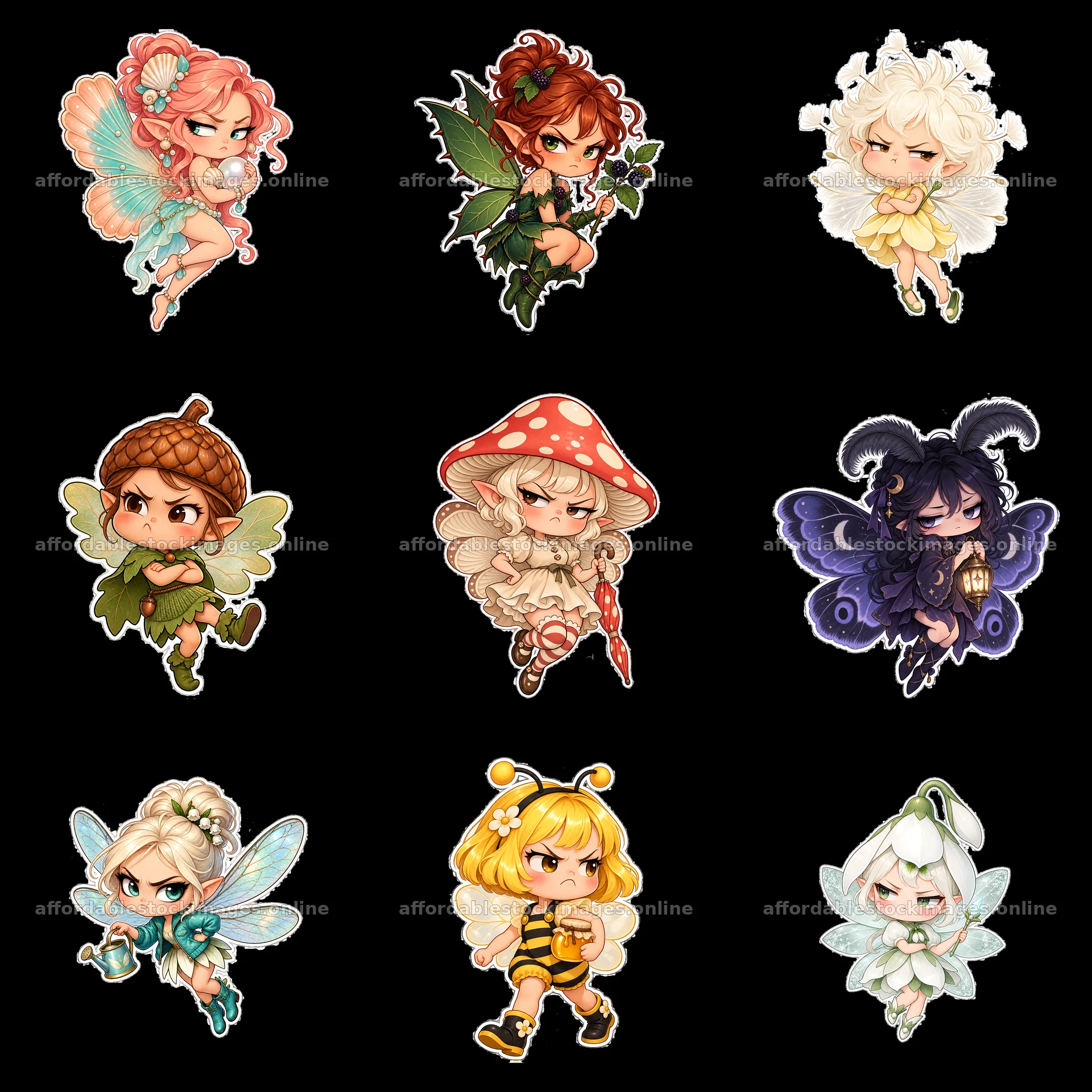 Kawaii grumpy fairies in colorful grid layout – stock images 7746x7746