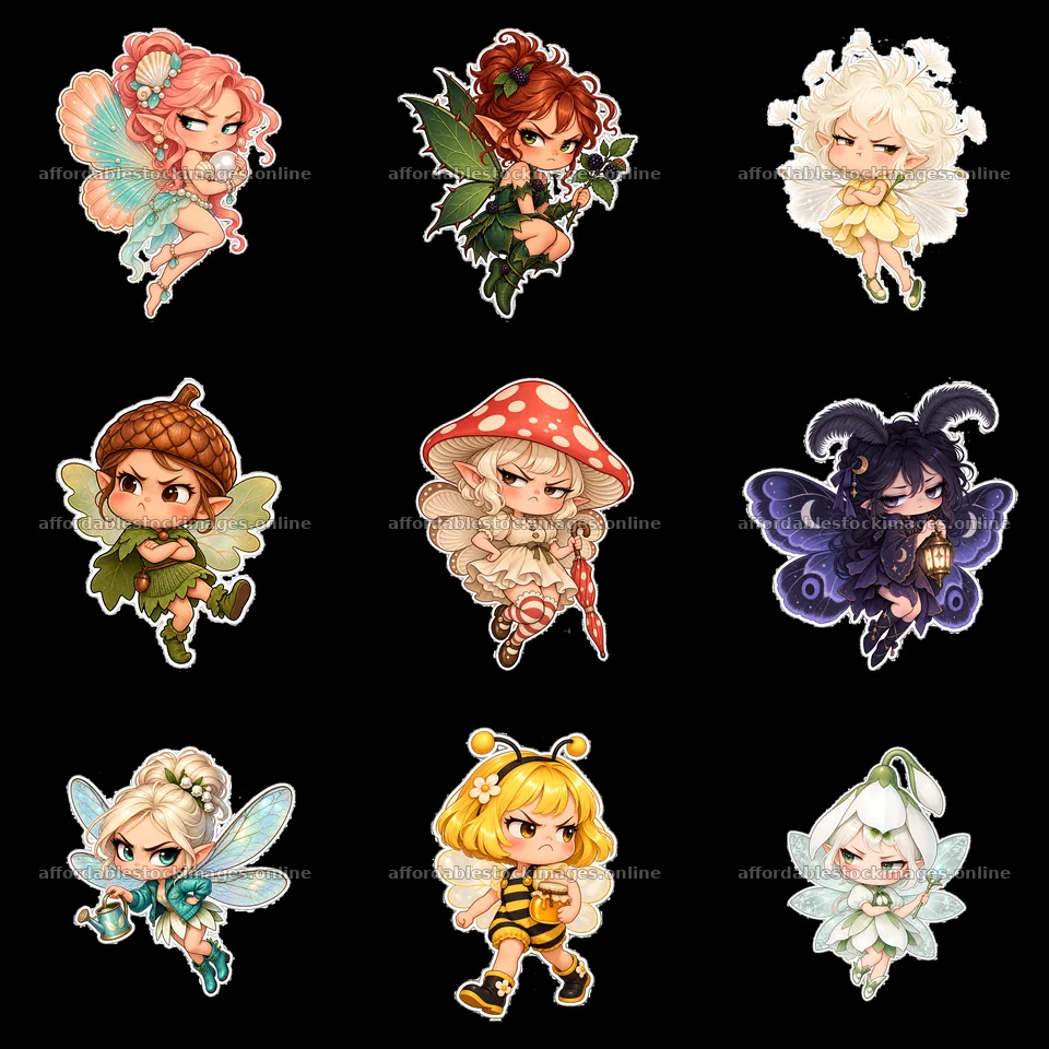 Kawaii grumpy fairies in colorful grid layout – stock images 7746x7746