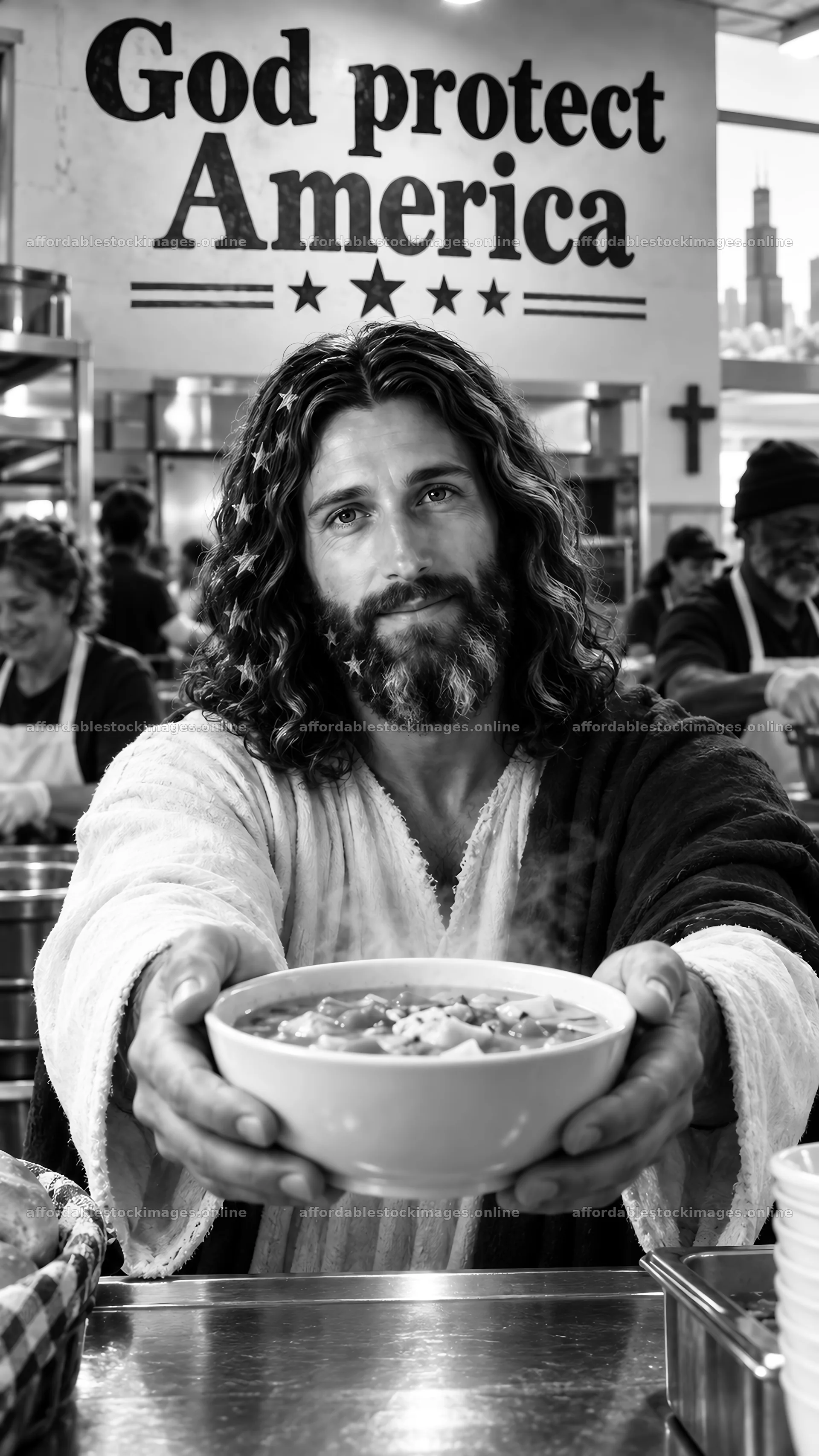 Jesus Christ serving soup to those in need in a community – stock images 5811x10326