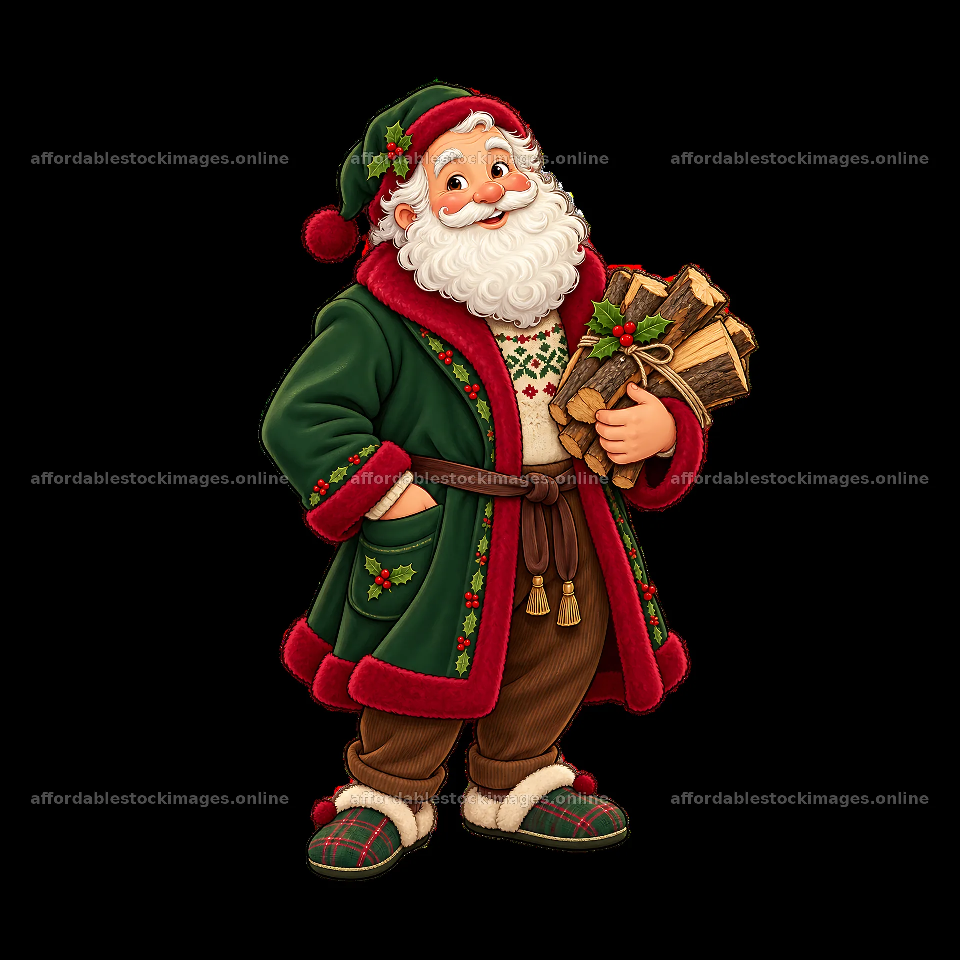 Santa Claus with firewood in a green coat for Christmas decor – stock images 7746x7746