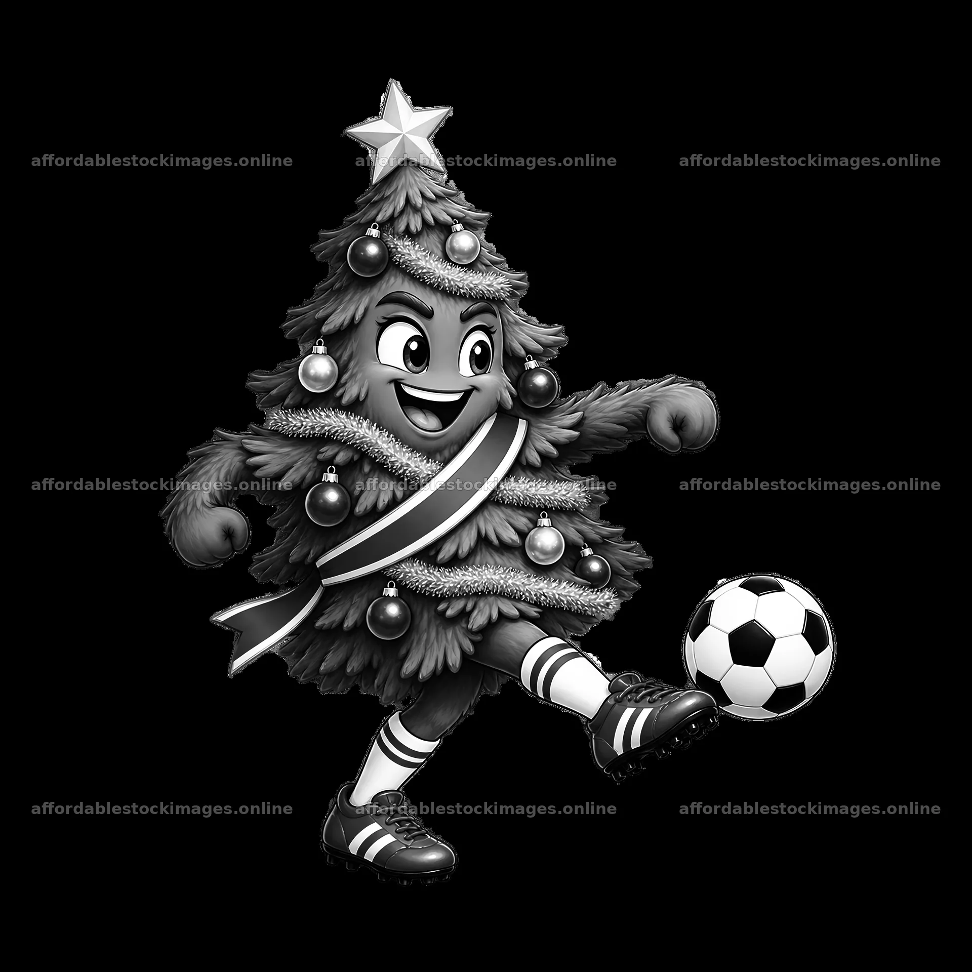 Christmas tree character kicking a soccer ball – stock images 7746x7746