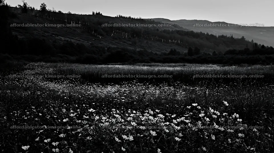 Meadow landscape with wildflowers in black and white – stock images 10608x5938