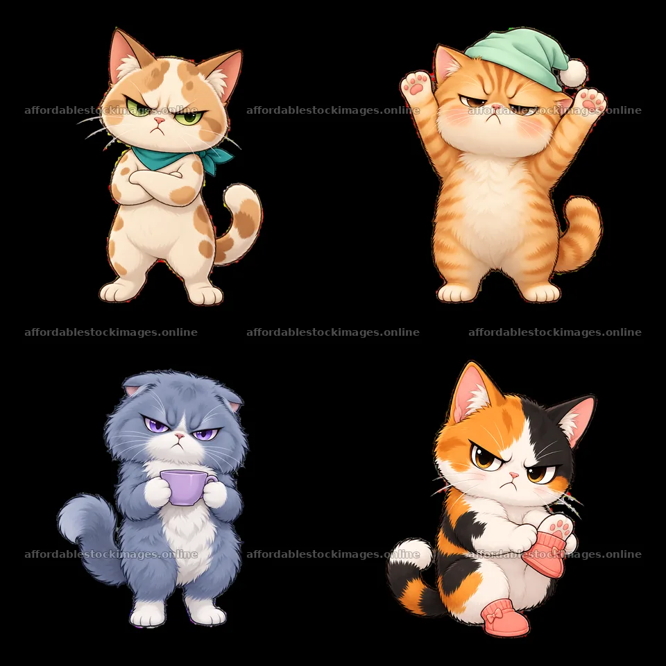 Kawaii grumpy cats with playful expressions in a 2x2 grid – stock images 7746x7746