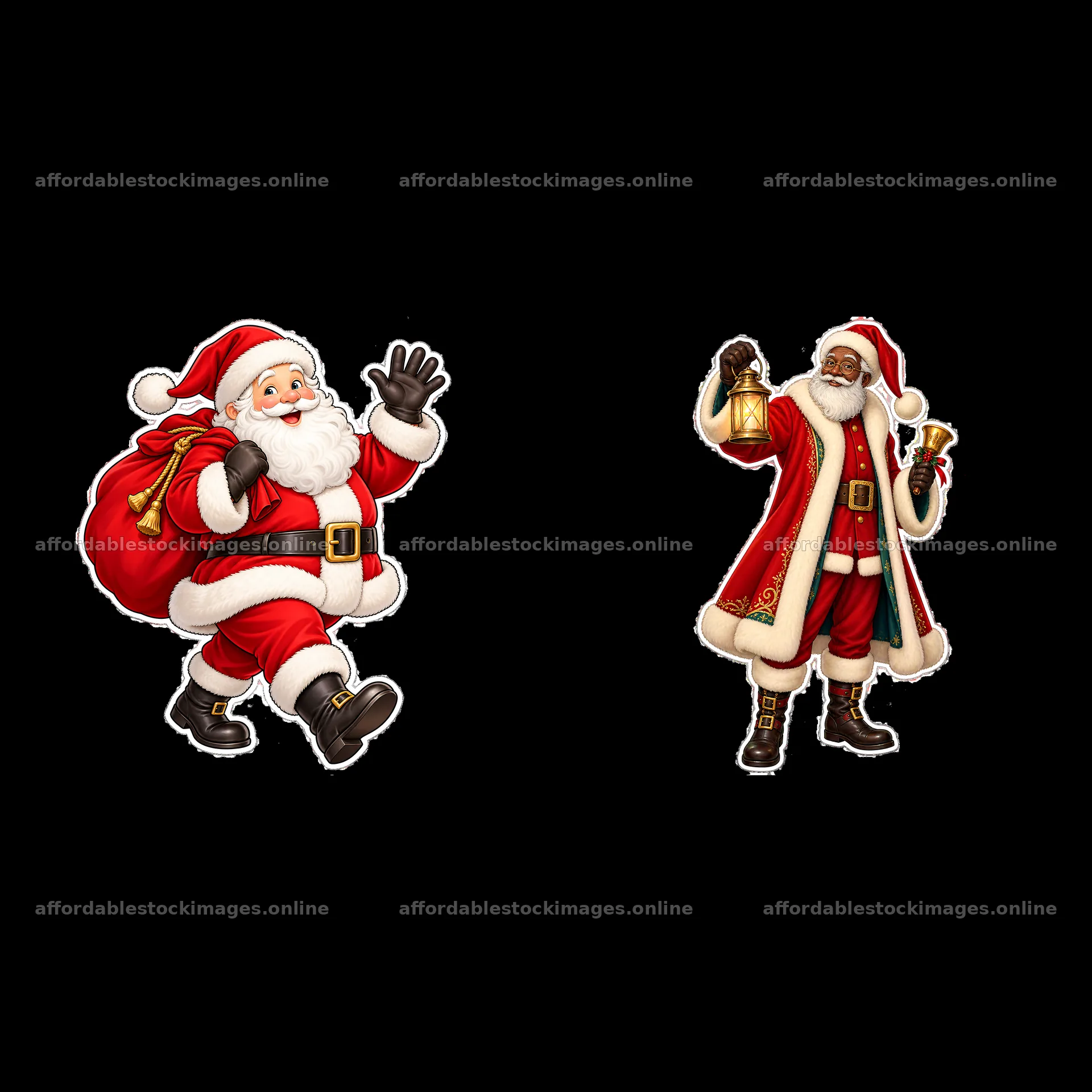 Santa Claus appears cheerful while waving with a bag of gifts – stock images 7746x7746