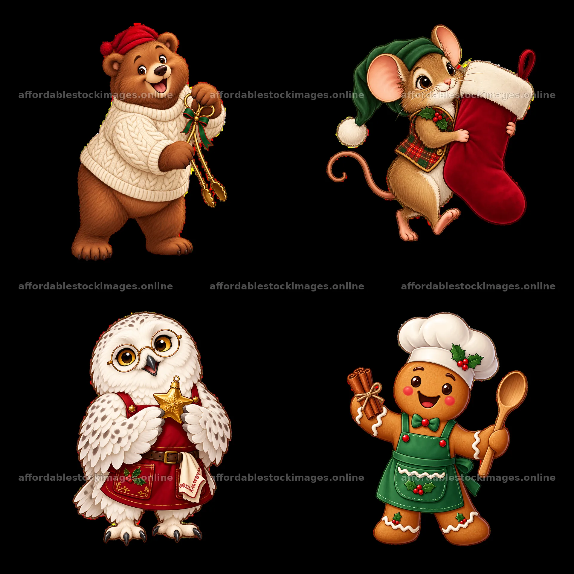 Winter animals celebrating Christmas with gifts and cooking – stock images 7746x7746