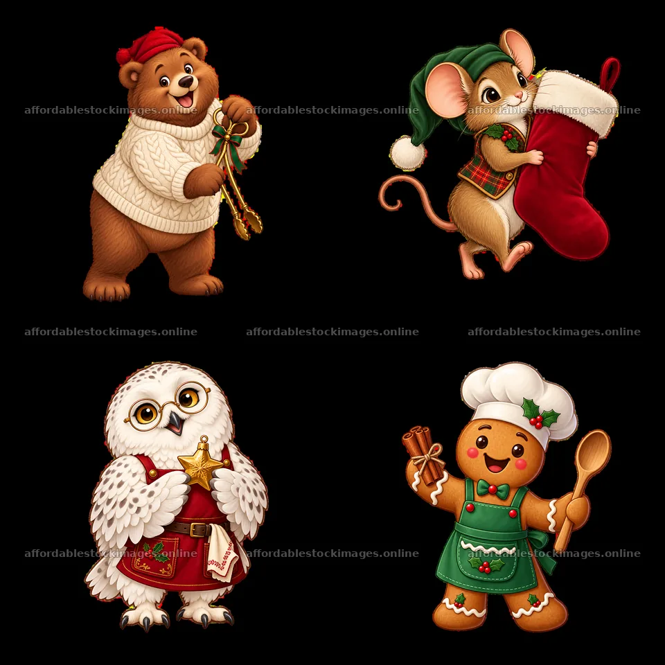 Winter animals celebrating Christmas with gifts and cooking – stock images 7746x7746