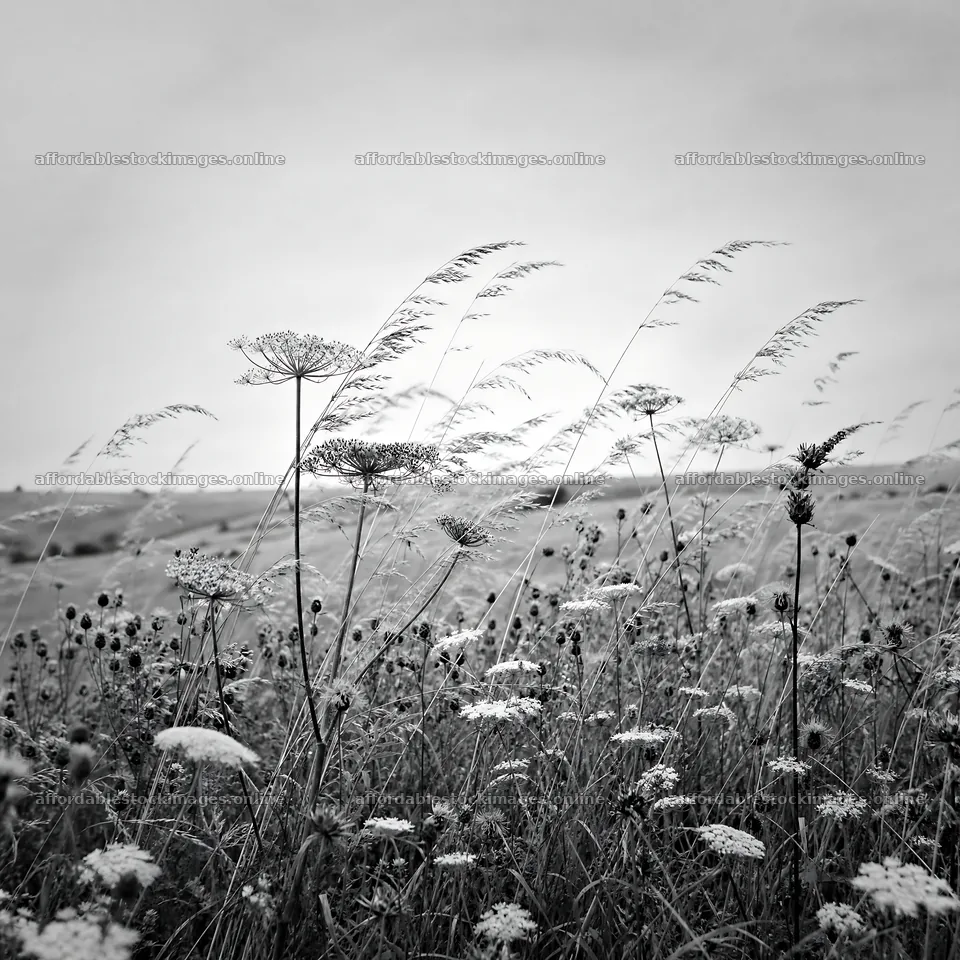 Seedhead meadow with wildflowers under cloudy sky – stock images 7938x7938