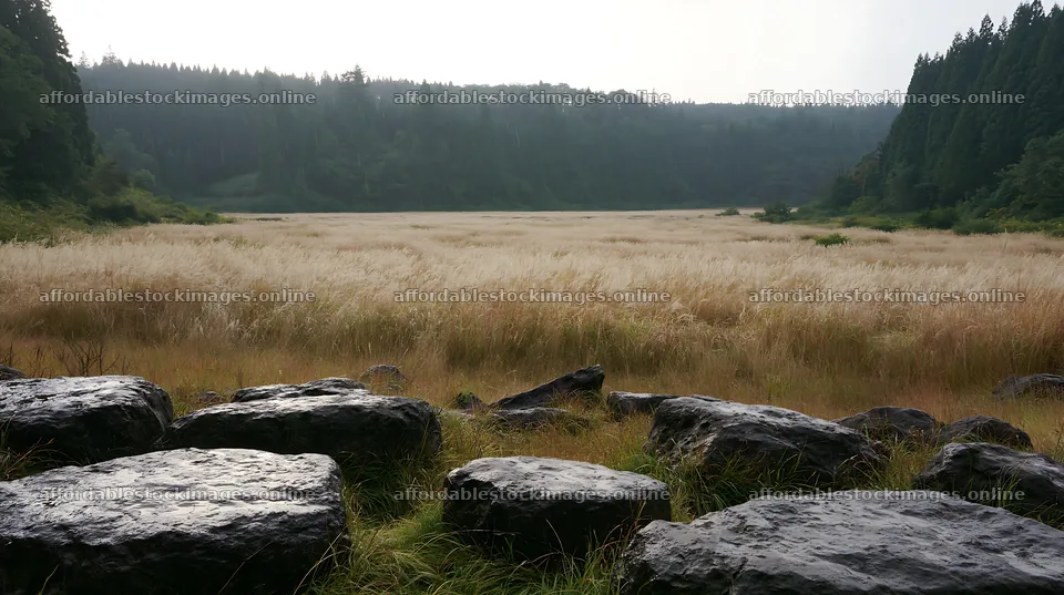 Rewilded Akita silver grass meadow stones in natural landscape – stock images 10608x5938