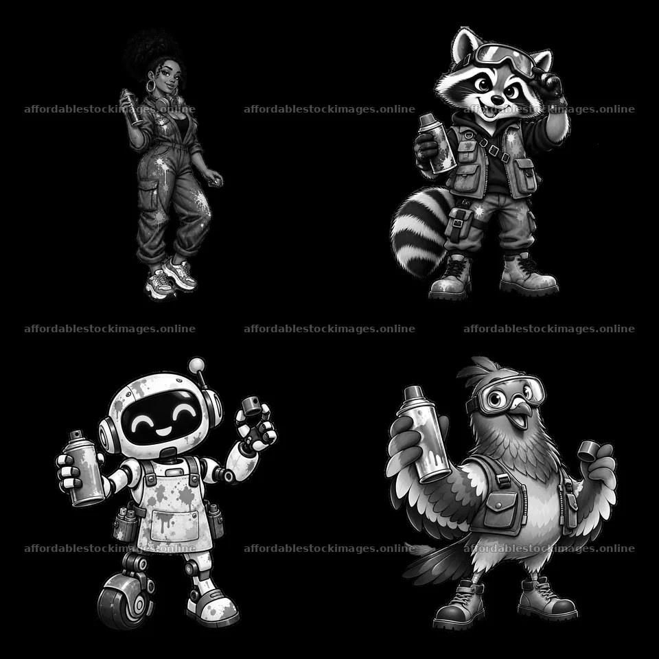 Graffiti sprayer characters in a 2x2 cartoon sticker layout – stock images 7746x7746