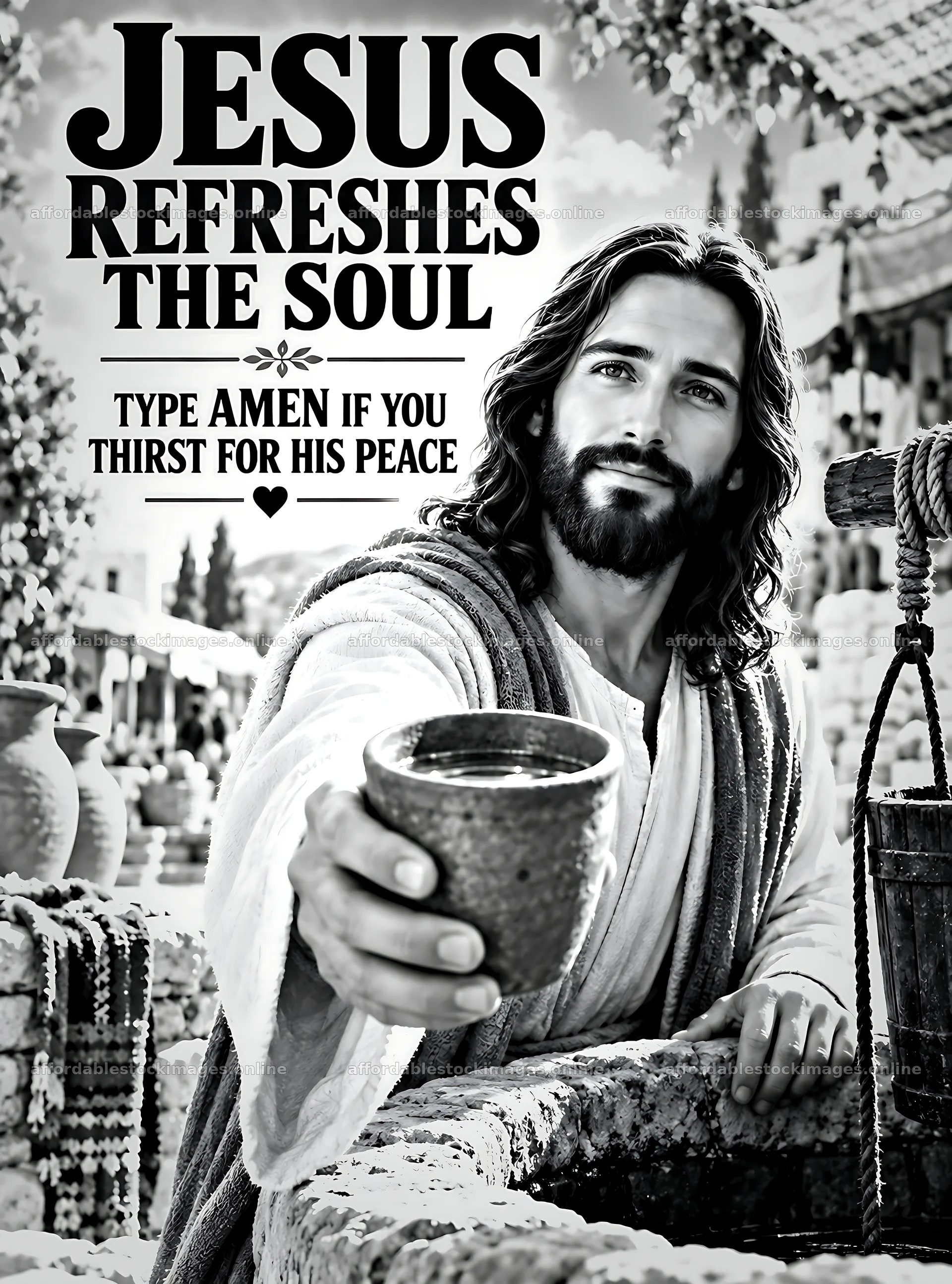 Jesus offers water from a vessel in a historical setting – stock images 6834x9220