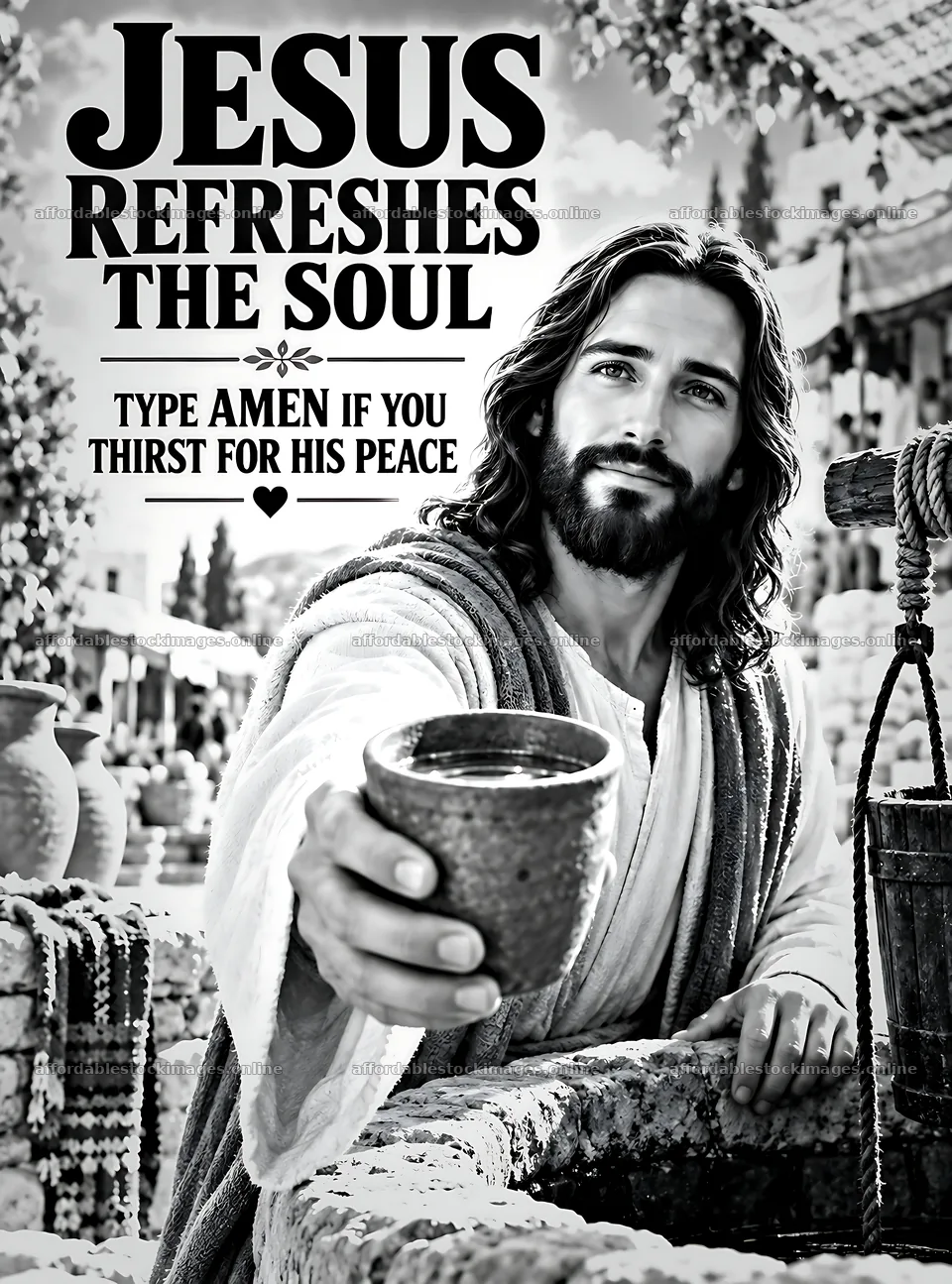 Jesus offers water from a vessel in a historical setting – stock images 6834x9220