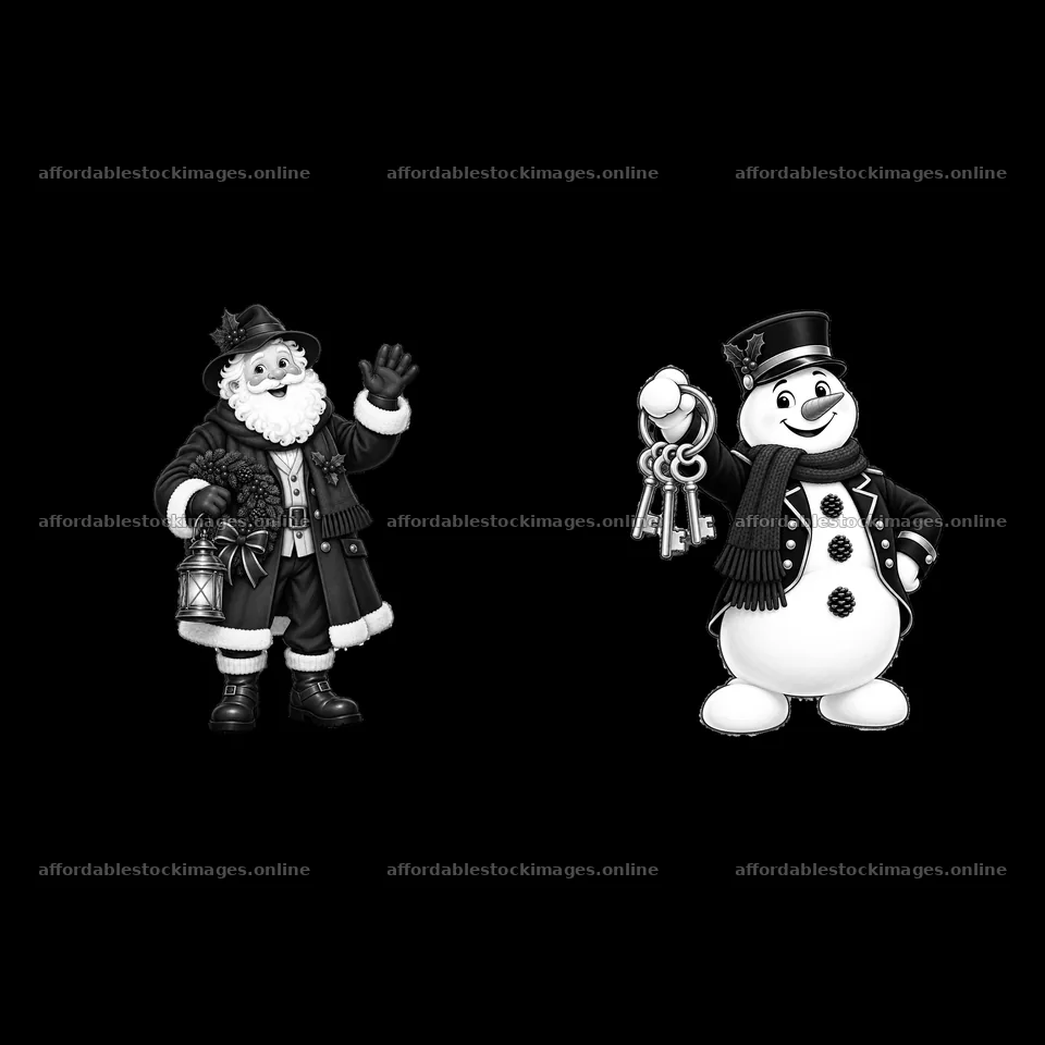 Santa Claus and a snowman holding keys for Christmas festivities – stock images 7746x7746