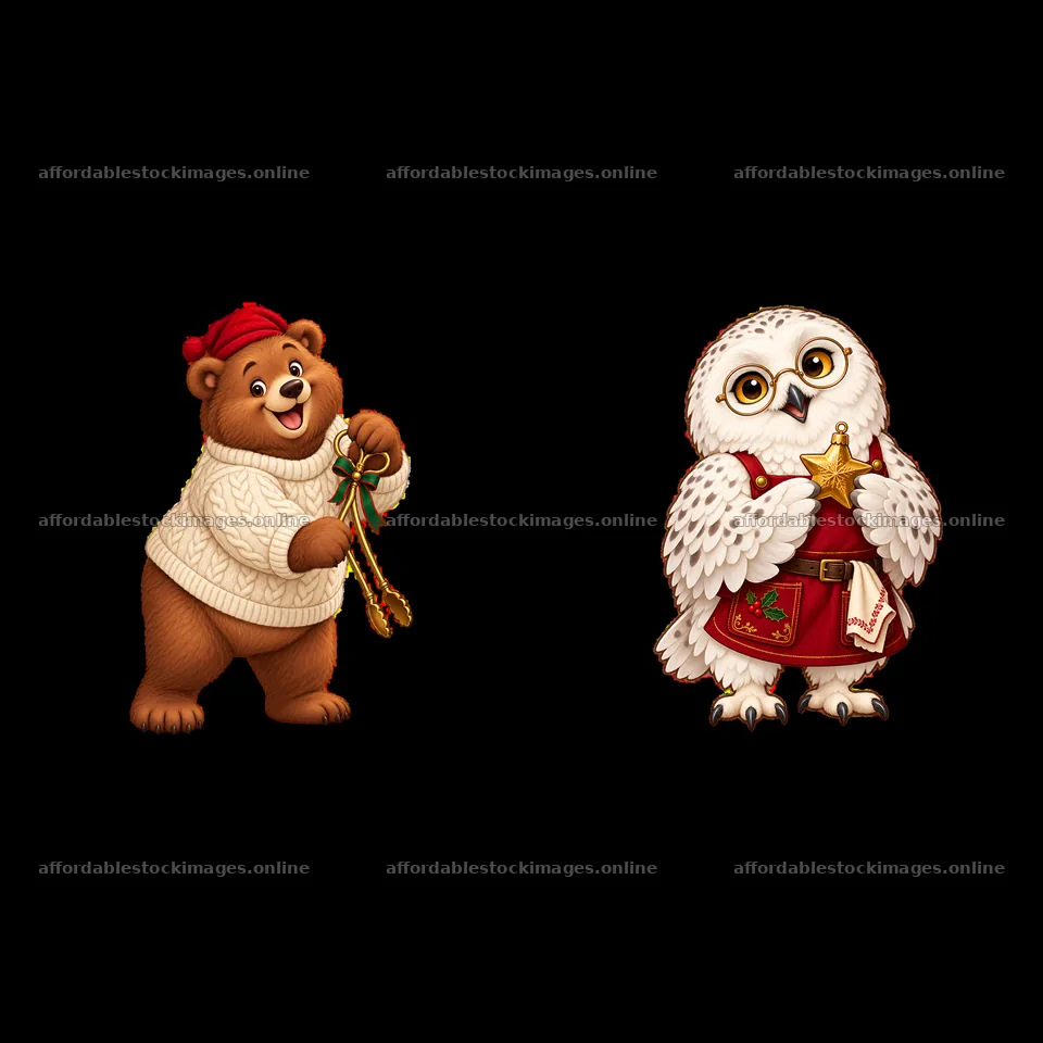 Christmas bear and owl preparing for holiday celebration – stock images 7746x7746