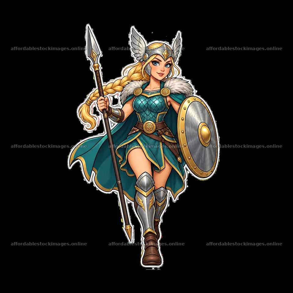 Odin's daughter in warrior gear with spear and shield – stock images 7746x7746