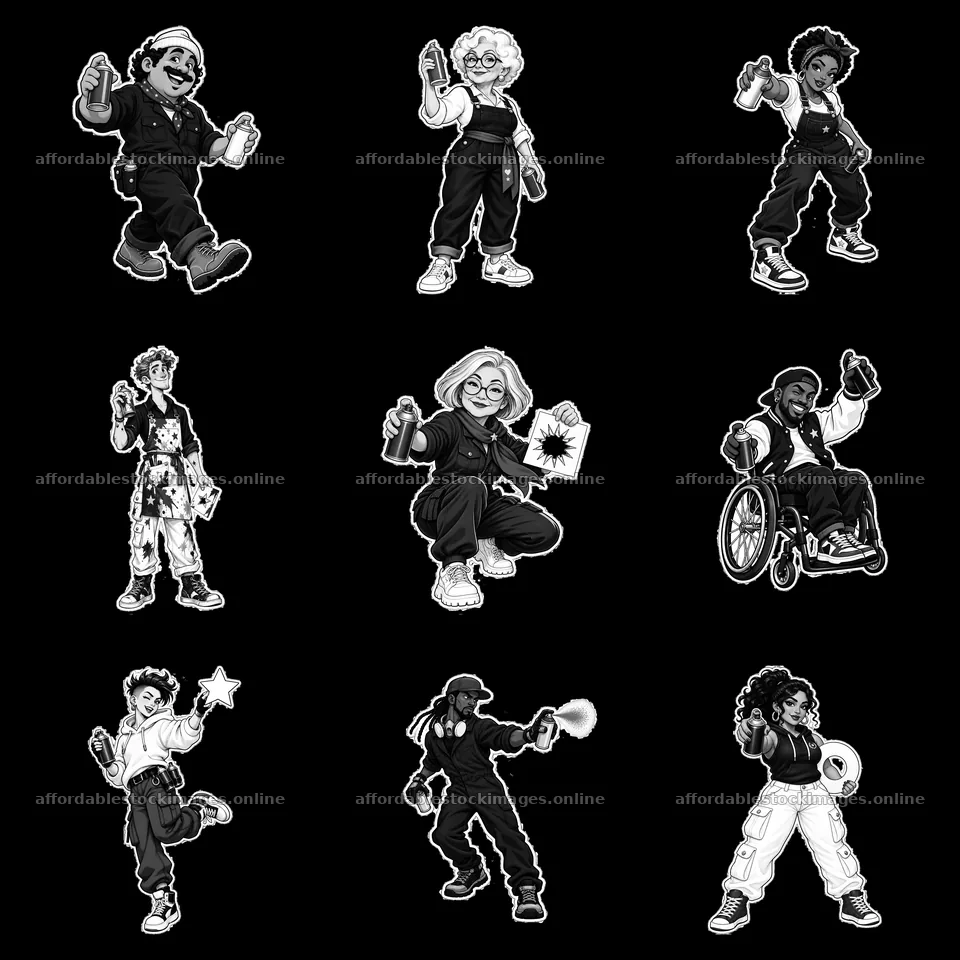 Patriotic graffiti sprayers in monochrome illustration layout – stock images 7746x7746