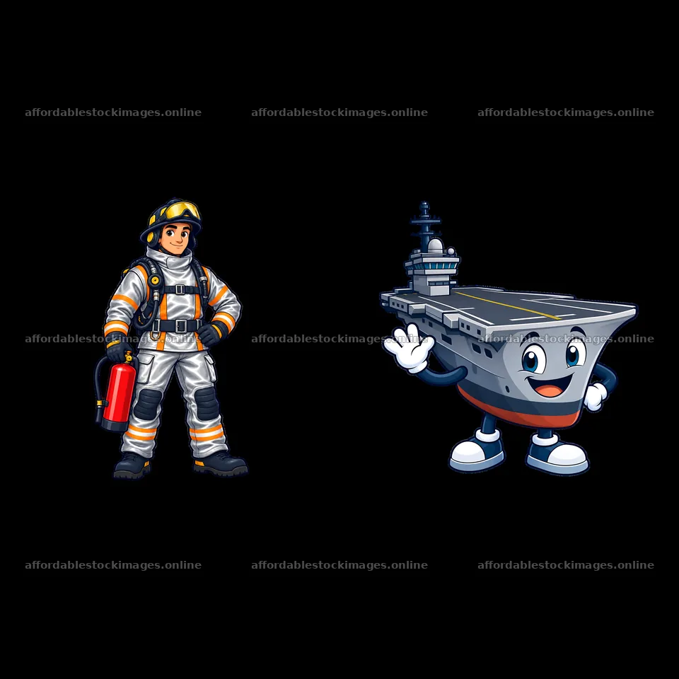 Firefighter and cartoon aircraft carrier sticker duo – stock images 7746x7746