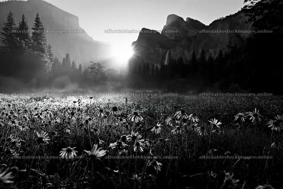 Blooming meadow with mountain backdrop at sunrise – stock images 9722x6480