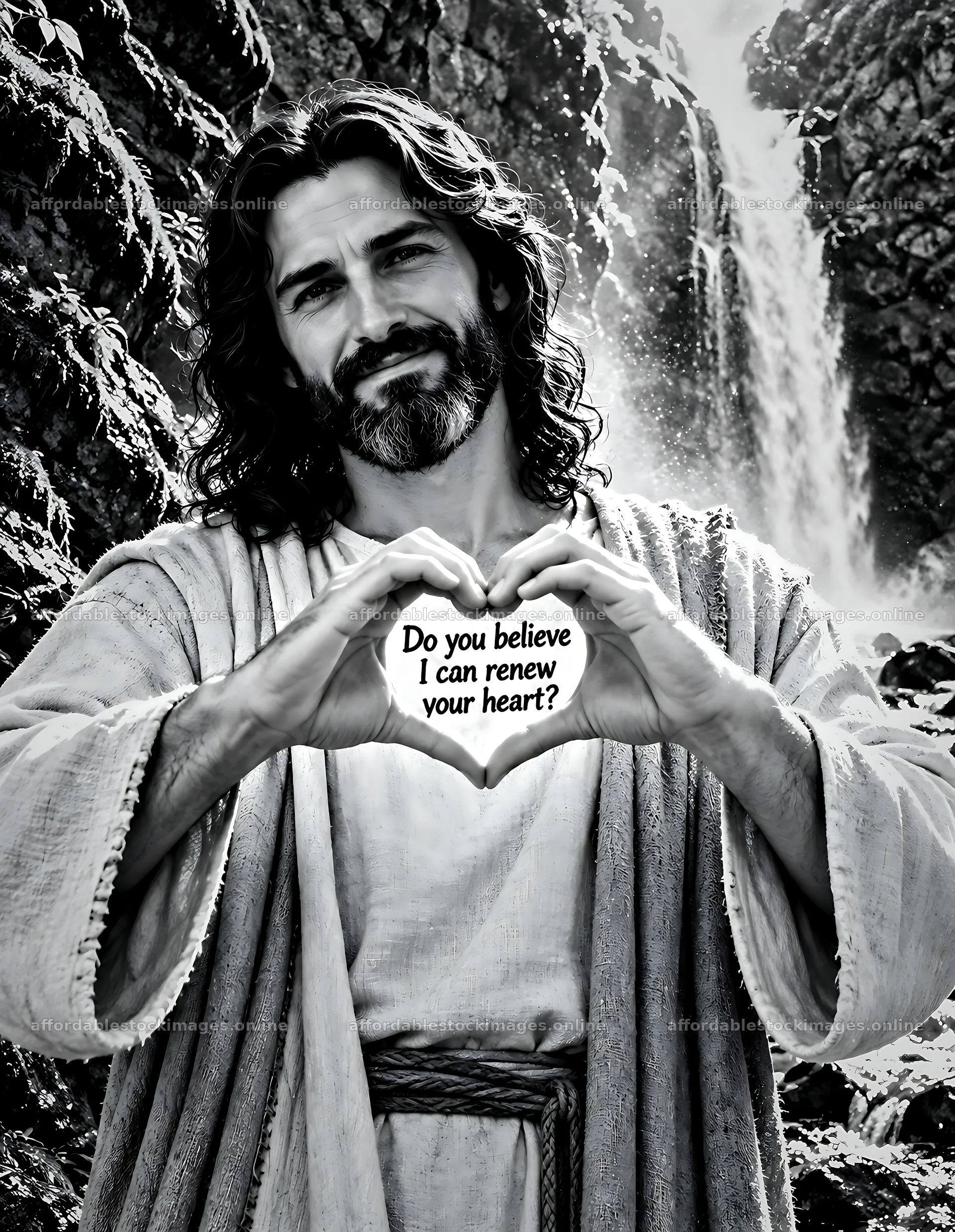 Beside the waterfall with a man holding a heart sign – stock images 6986x9018