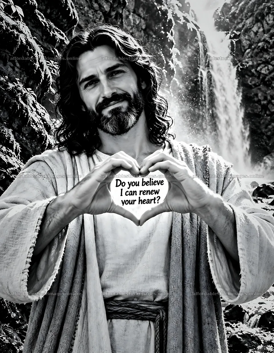 Beside the waterfall with a man holding a heart sign – stock images 6986x9018