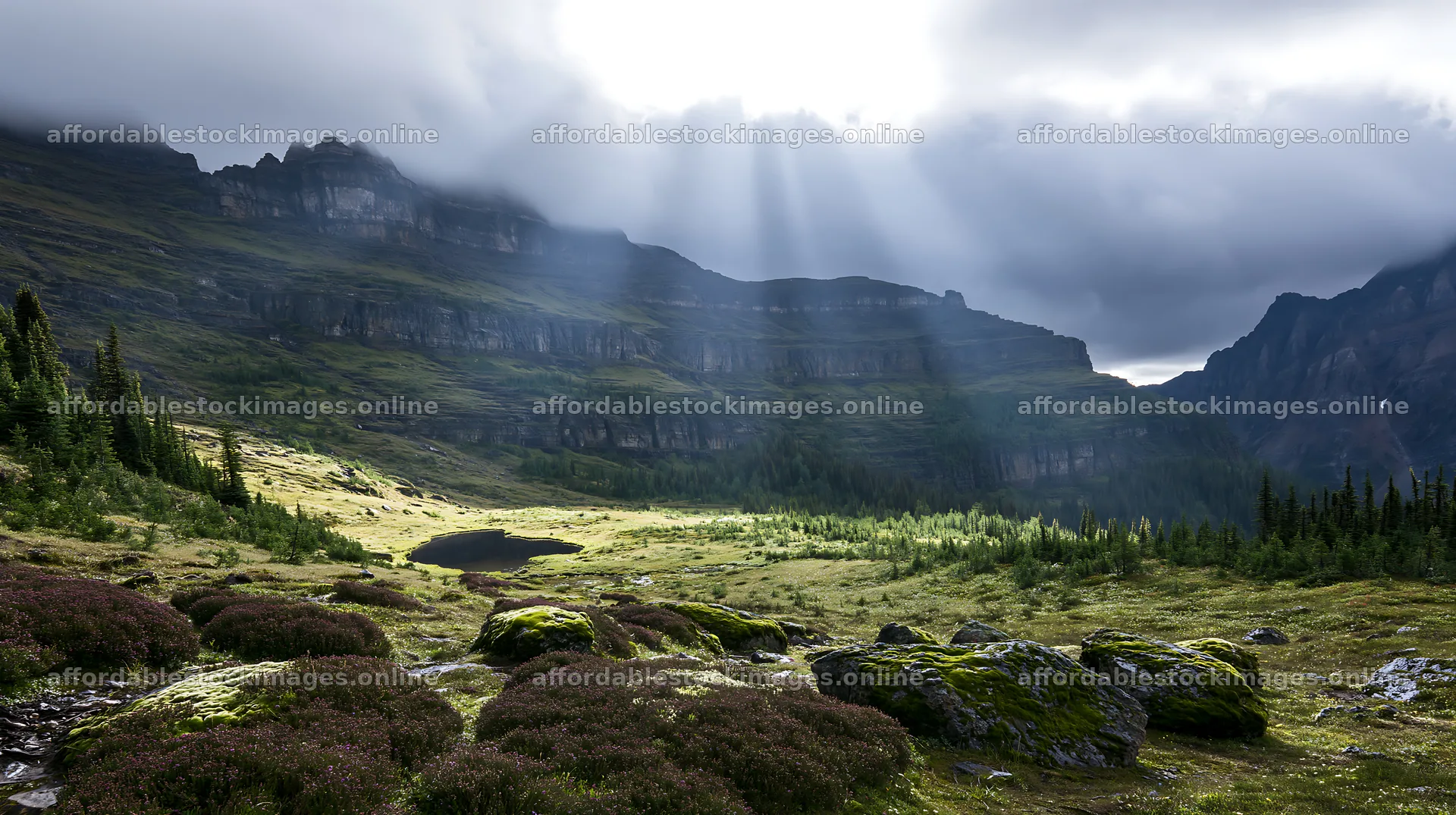Sunshine Meadows Banff with light rays shining through clouds – stock images 10608x5938