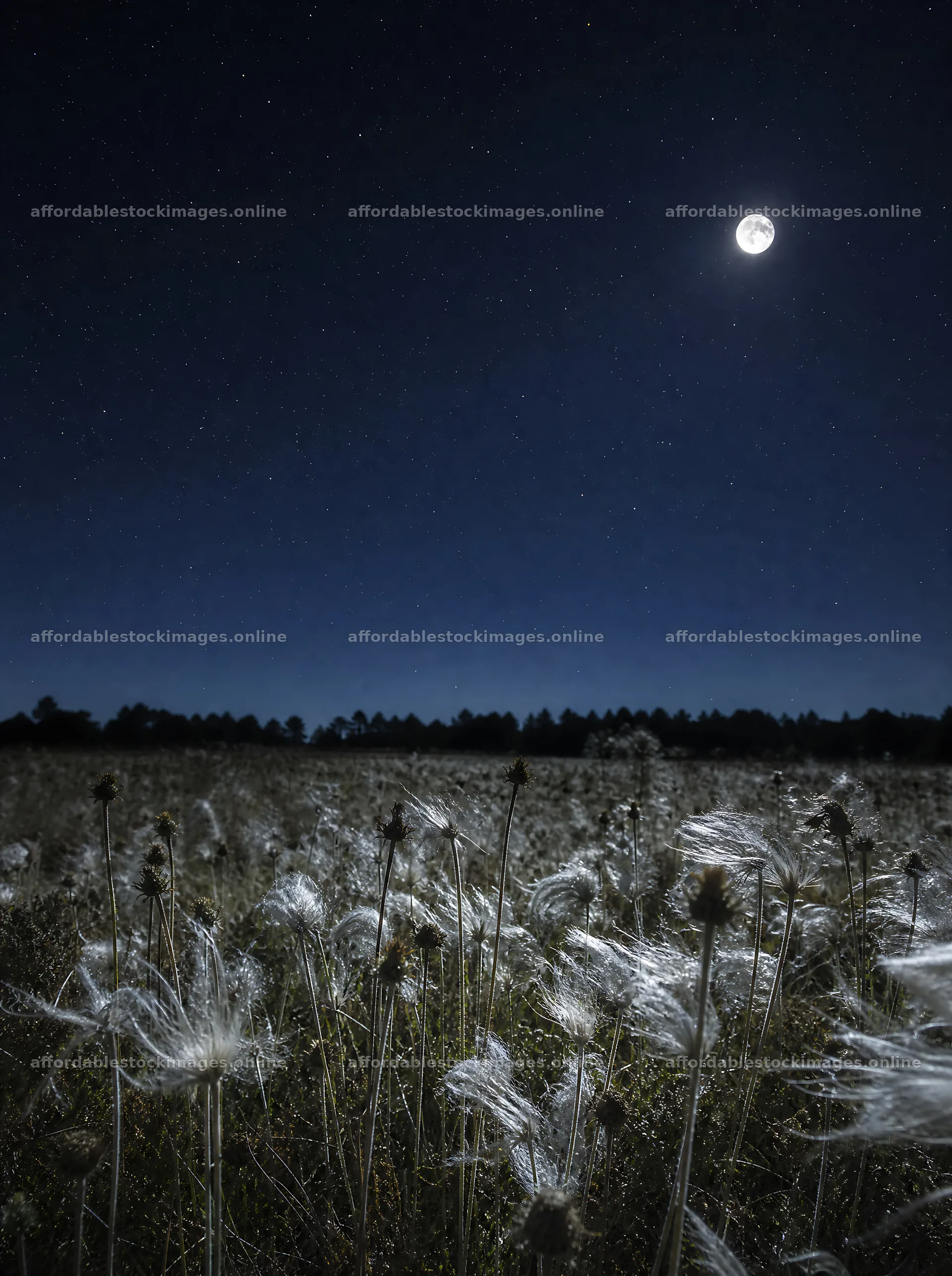 Seedhead meadow under a clear night sky with a full moon – stock images 6858x9186