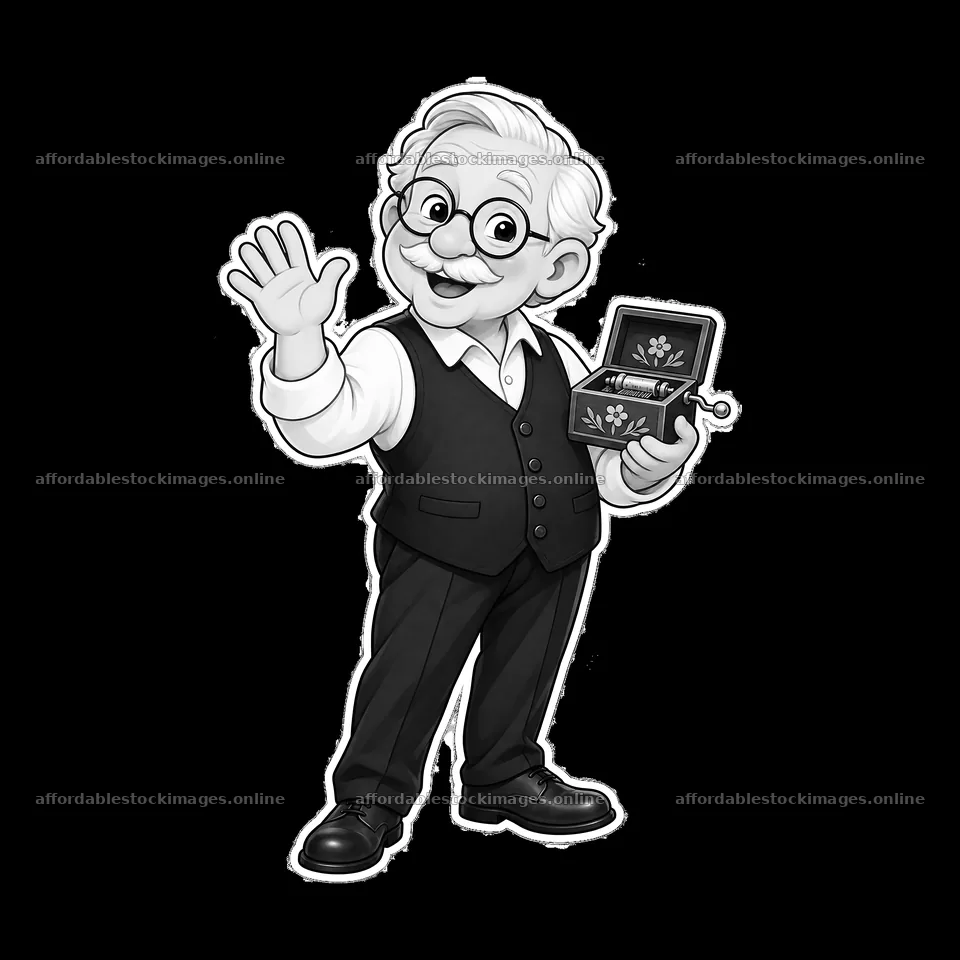Elderly man with a music box waving in monochrome illustration – stock images 7746x7746