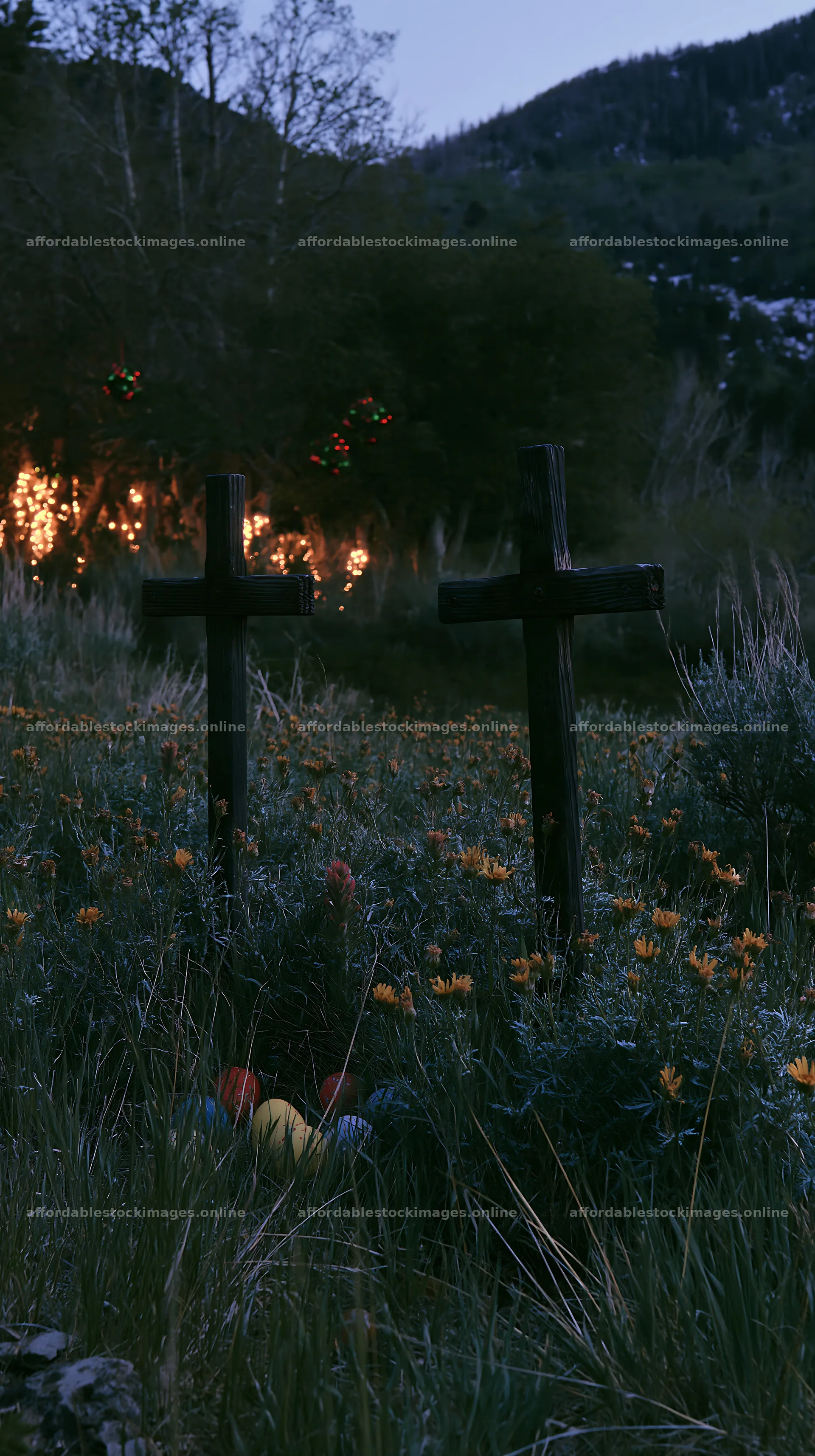 Two Christian crosses near thermal spring meadow – stock images 5938x10608