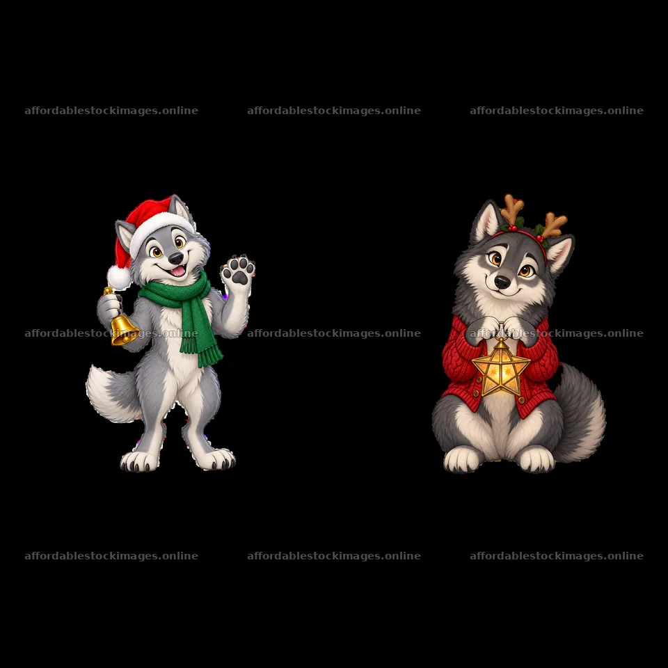 Christmas wolves with bell and star in festive attire – stock images 7746x7746