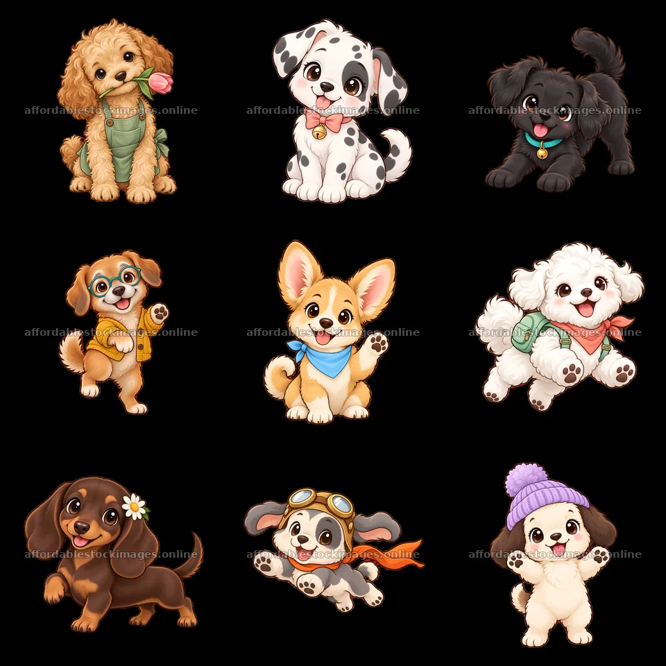 Cute cartoon dogs in a playful 3x3 grid layout – stock images 7746x7746