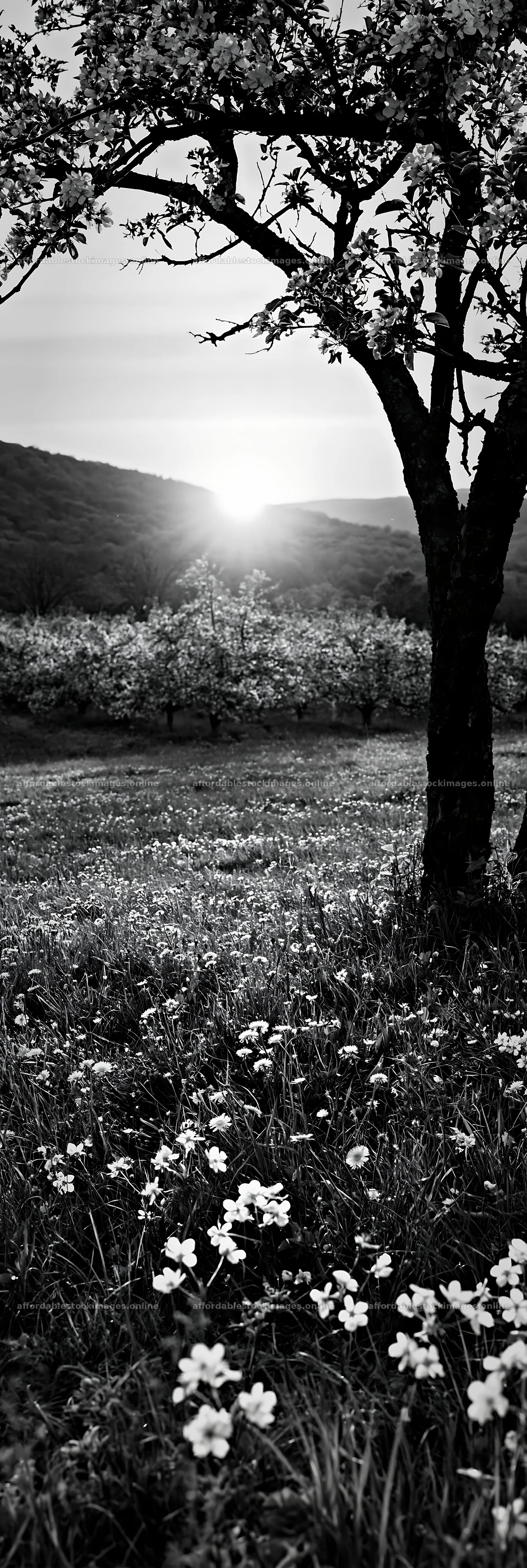 Sunset over apple meadow with flowers in bloom – stock images 4602x13690