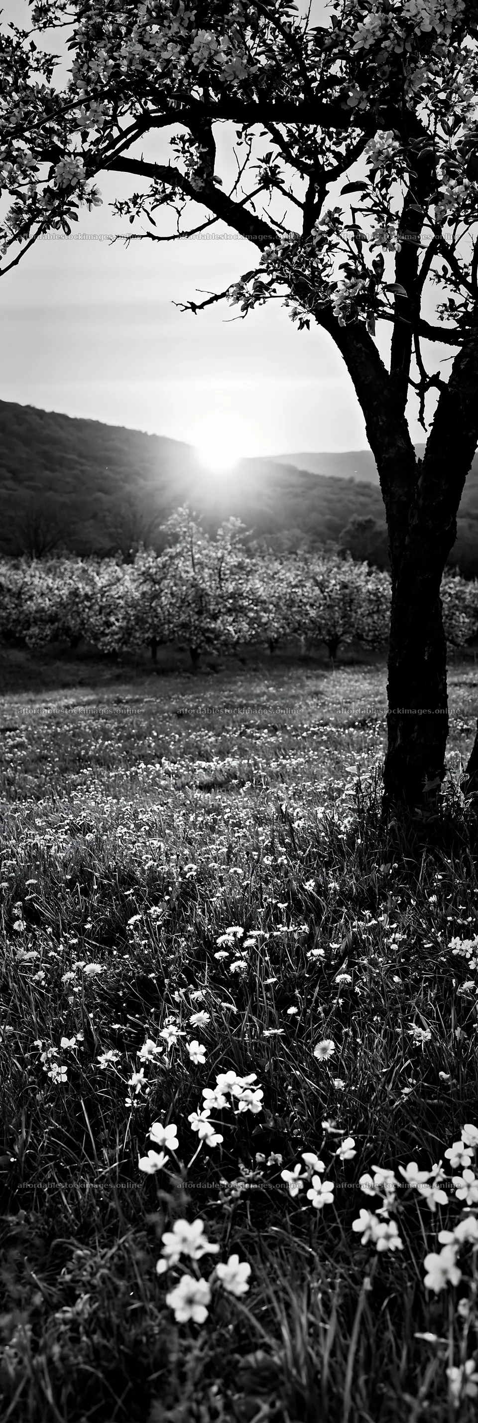 Sunset over apple meadow with flowers in bloom – stock images 4602x13690
