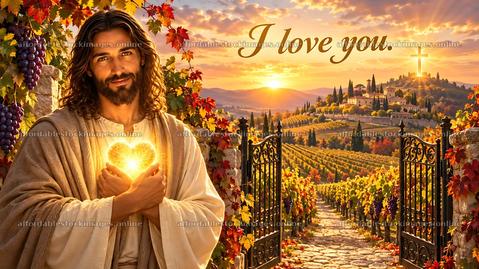 Love beyond the vineyard gate at sunset – stock images 10580x5954