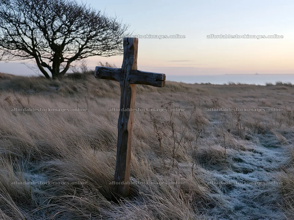 Carved oak cross stands in frosted meadow at dawn – stock images 9174x6866