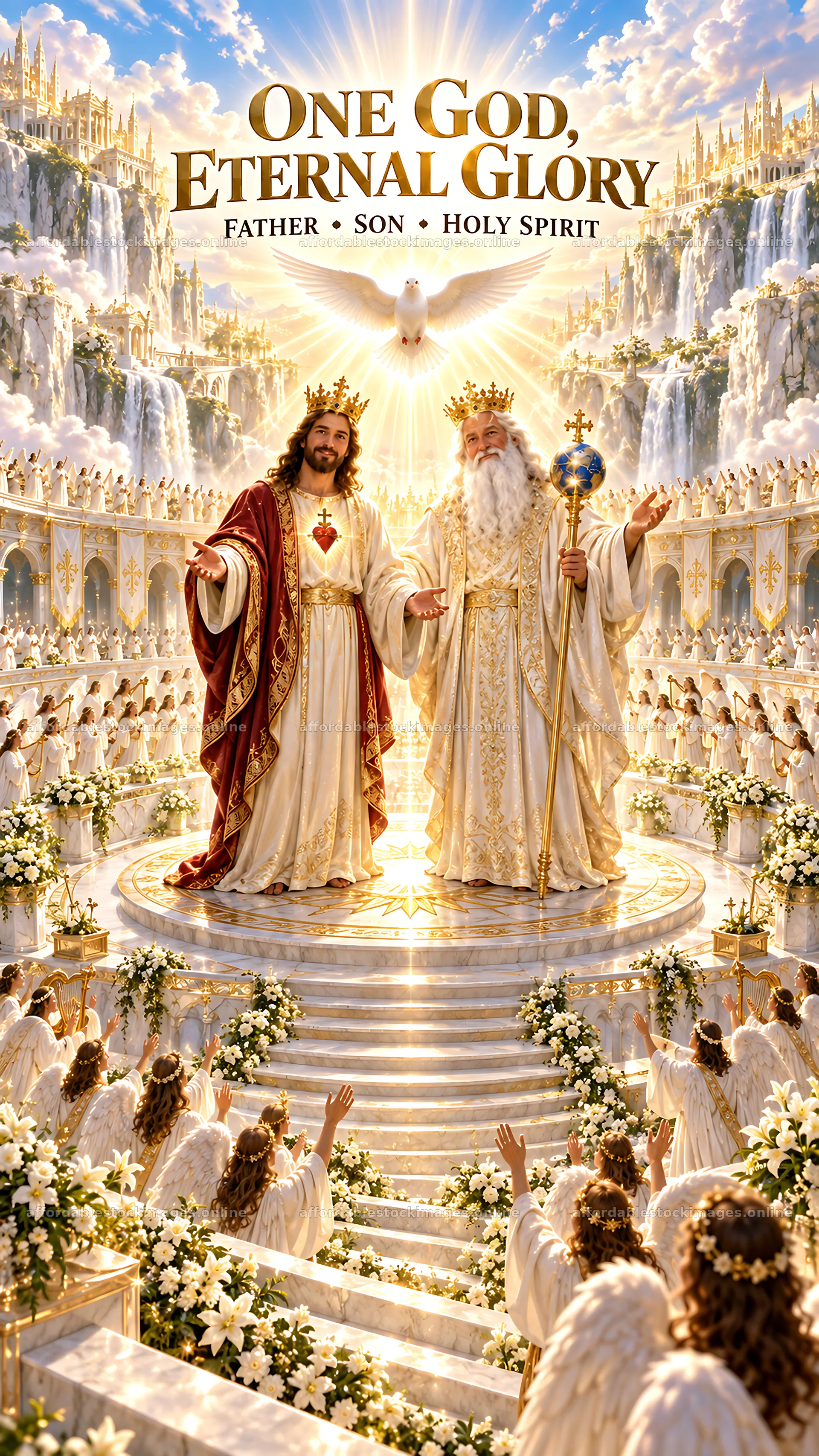 Jesus Christ with God the Father in a heavenly setting – stock images 5811x10326