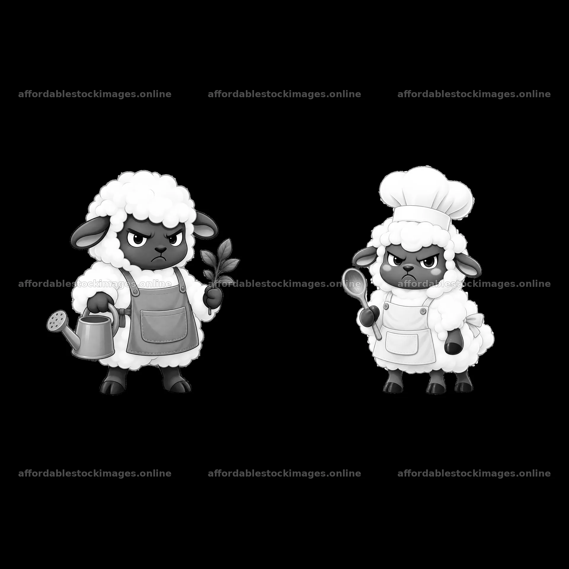 Kawaii grumpy sheep with watering can and chef spoon – stock images 7746x7746