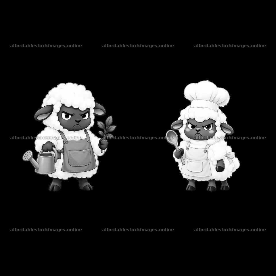Kawaii grumpy sheep with watering can and chef spoon – stock images 7746x7746