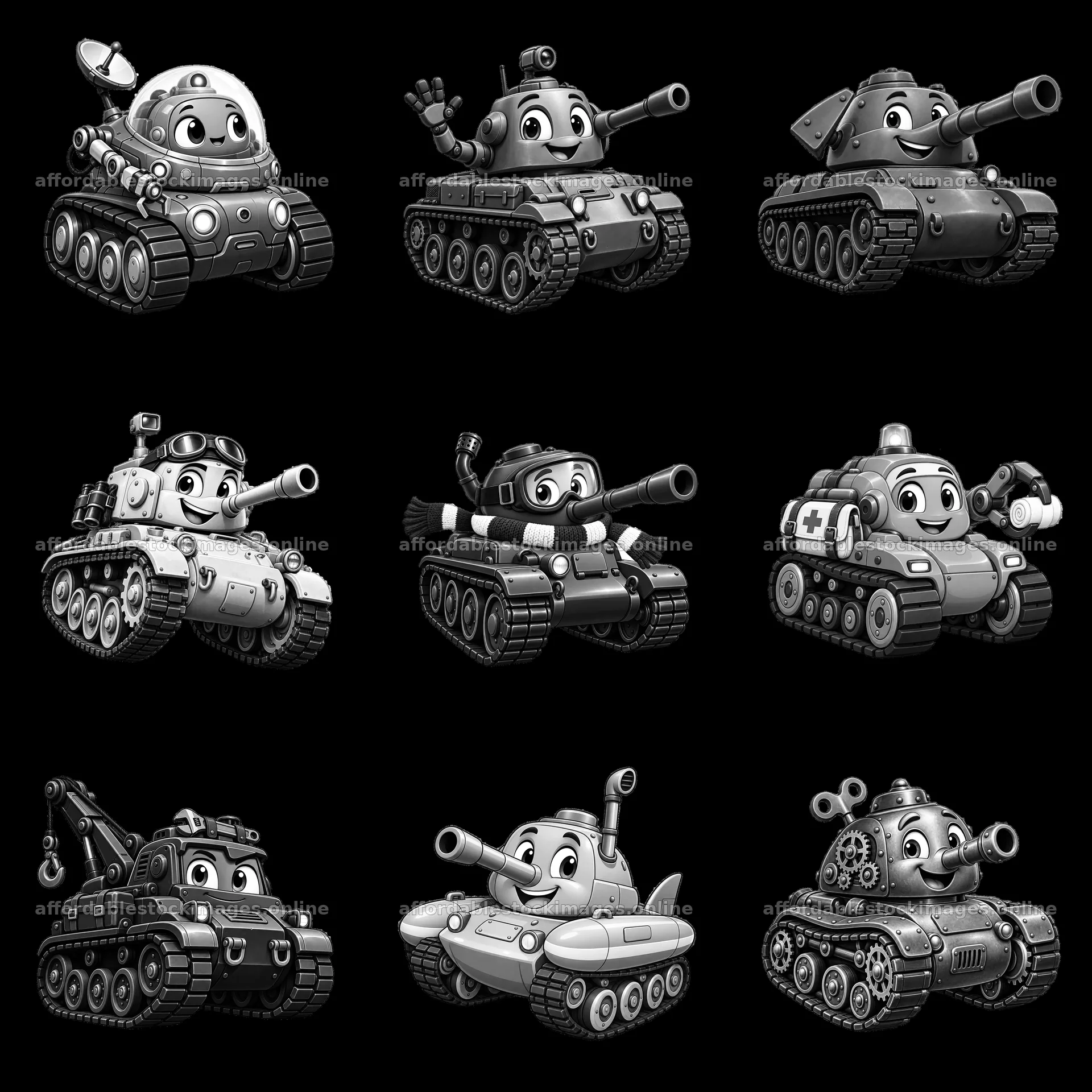 Cartoon tank characters in a fun and playful arrangement – stock images 7746x7746