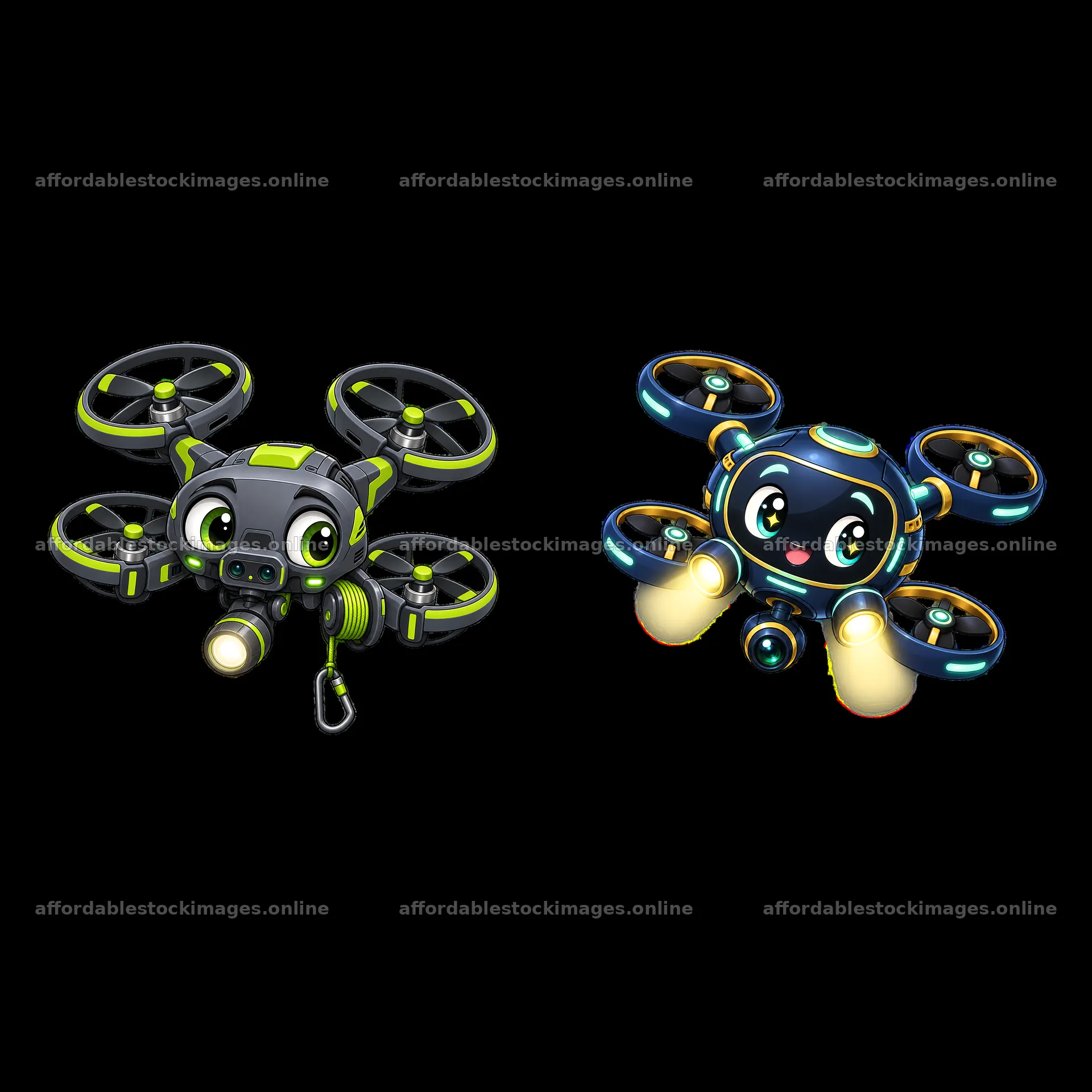 Cartoon drone stickers with lights and playful designs – stock images 7746x7746