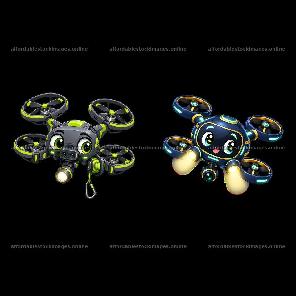 Cartoon drone stickers with lights and playful designs – stock images 7746x7746