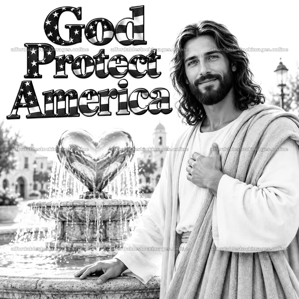 Jesus Christ standing by a fountain with a heart in America – stock images 7746x7746