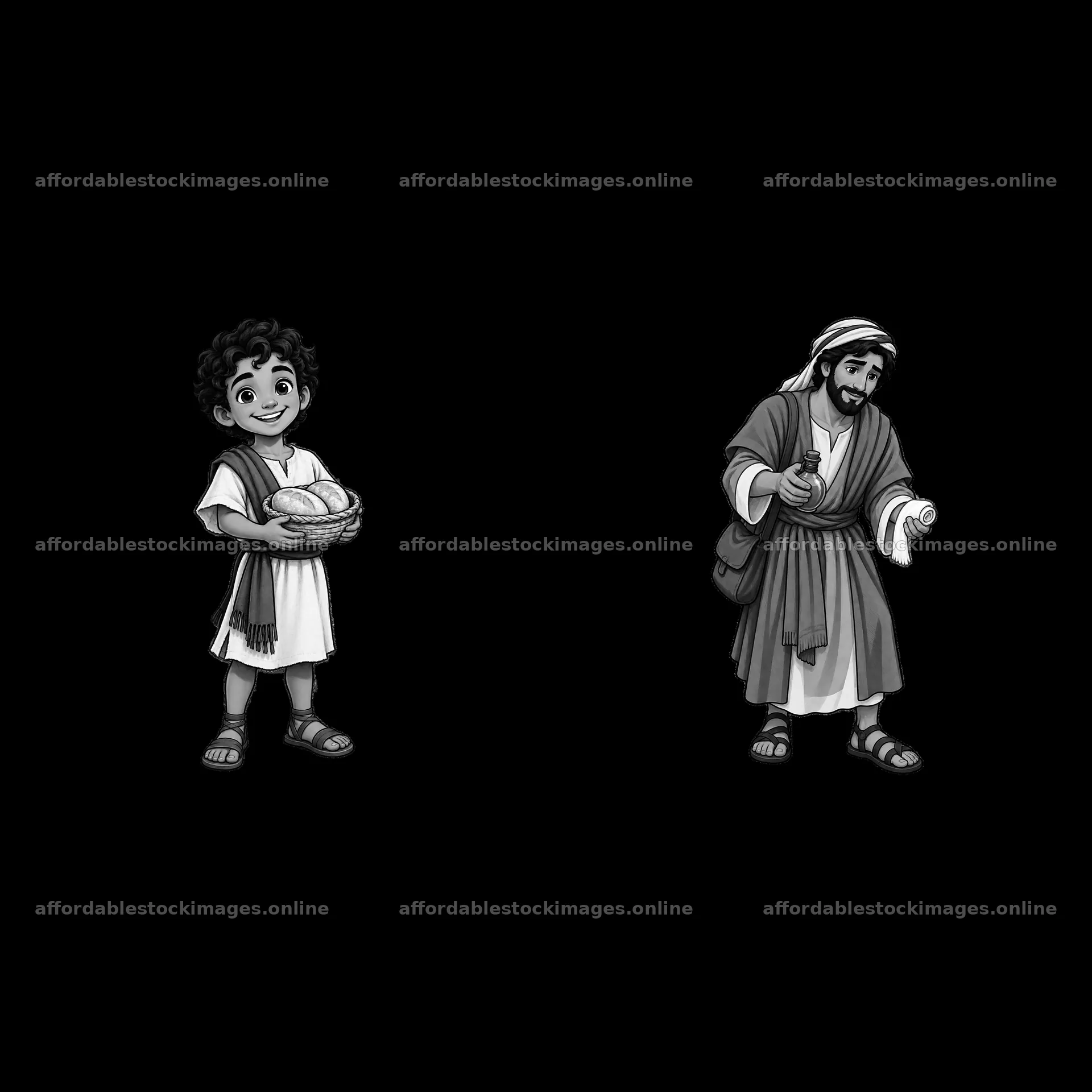 Child and man sharing loaves of bread in black and white – stock images 7746x7746