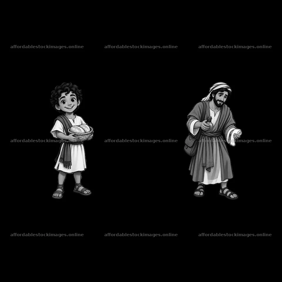 Child and man sharing loaves of bread in black and white – stock images 7746x7746